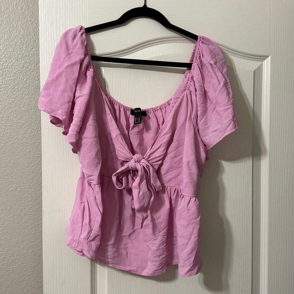 Forever 21 Pink Tie-Front Puff Sleeve Blouse